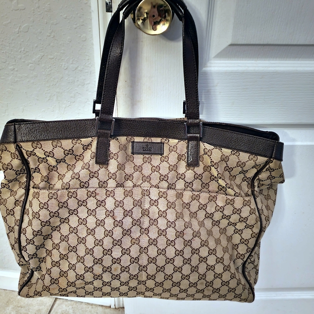 Gucci Brown Canvas Travel Bag Tote Brown leather trim &  Brown Silver Hardware